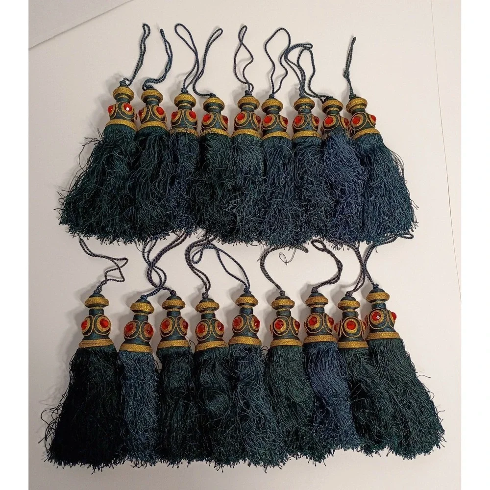 Dark Green Christmas Tassel Ornaments, Lot of 18, Red Gold Accents, Bohemian 7